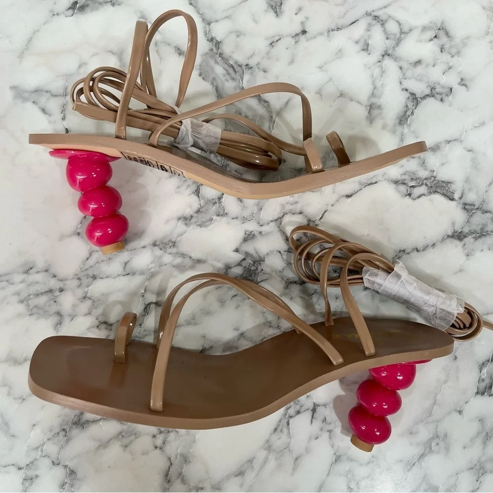 NWOT Lulus Hildain Light Nude and Pink Patent Lace-Up High Heel Sandals